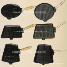 Preseasoned Cast Iron Grill Pan with Wooden Handle